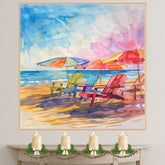 Colorful Watercolor Beach Chairs & Umbrellas Painting – Coastal Ocean Scene on Ready to Hang 1.5" Thick Canvas Wrap, Floating Framed Canvas, Flat Rolled Canvas